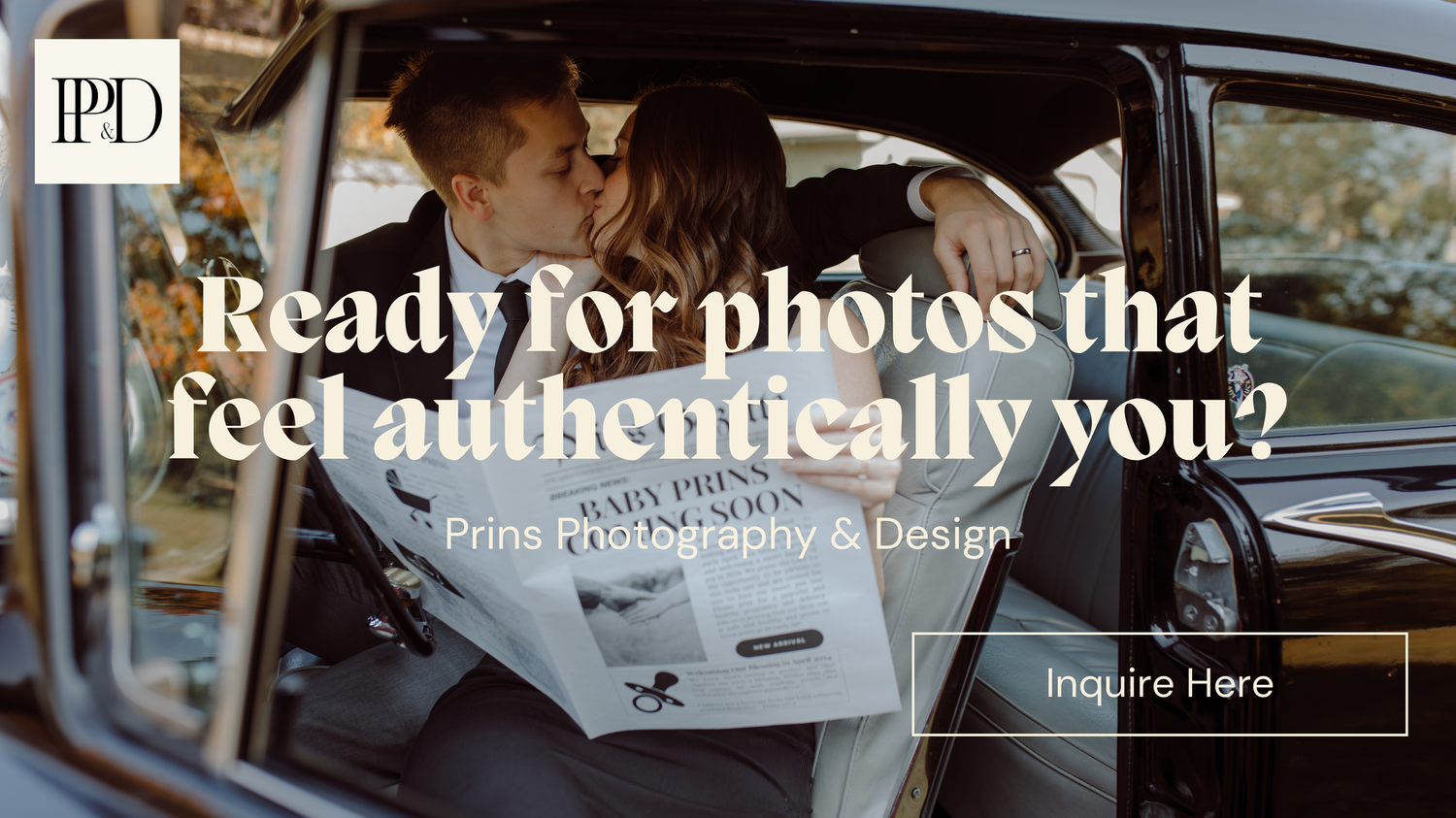 Owners during a pregnancy announcement in vintage car wearing black tie apparel.  Text says 