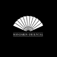 A series of five luxury hotel brand logos including Mandarin Oriental displayed in black and white against a dark background.