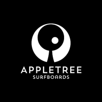 Black and white minimalist logo design for Appletree Surfboards featuring a circular shape with dot detail.