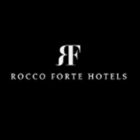 A series of black and white luxury hotel logos for Rocco Forte Hotels arranged in a horizontal row.
