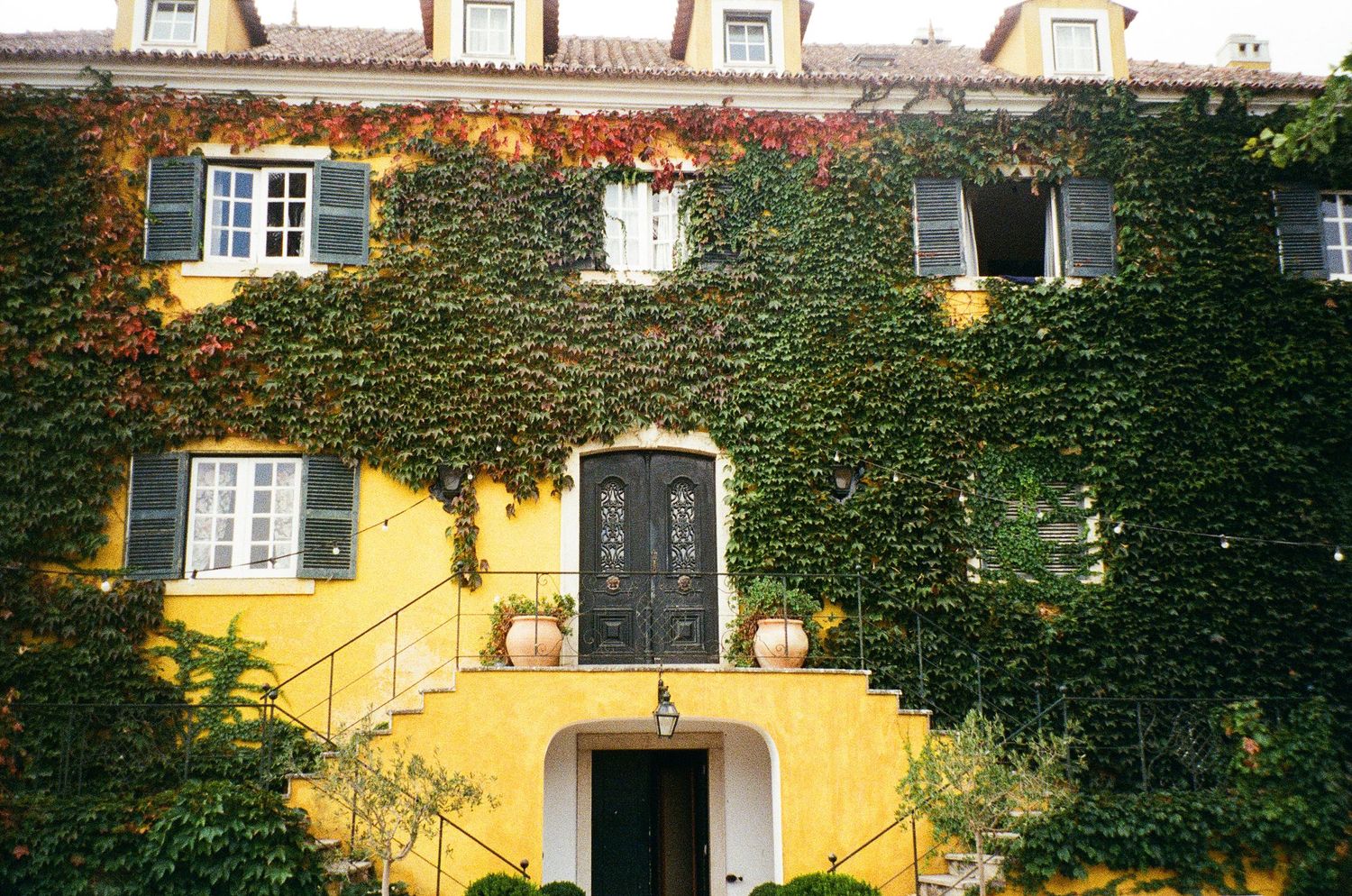 Yellow villa covered in vibrant red and green ivy with dark shuttered windows and an ornate entrance door.