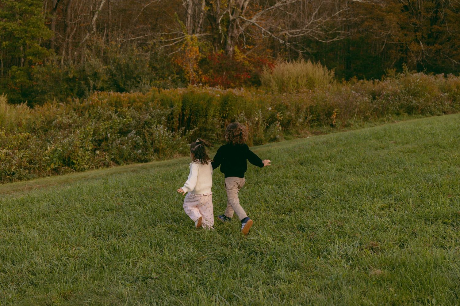 Two children running together across a lush green meadow with colorful autumn trees in the background.