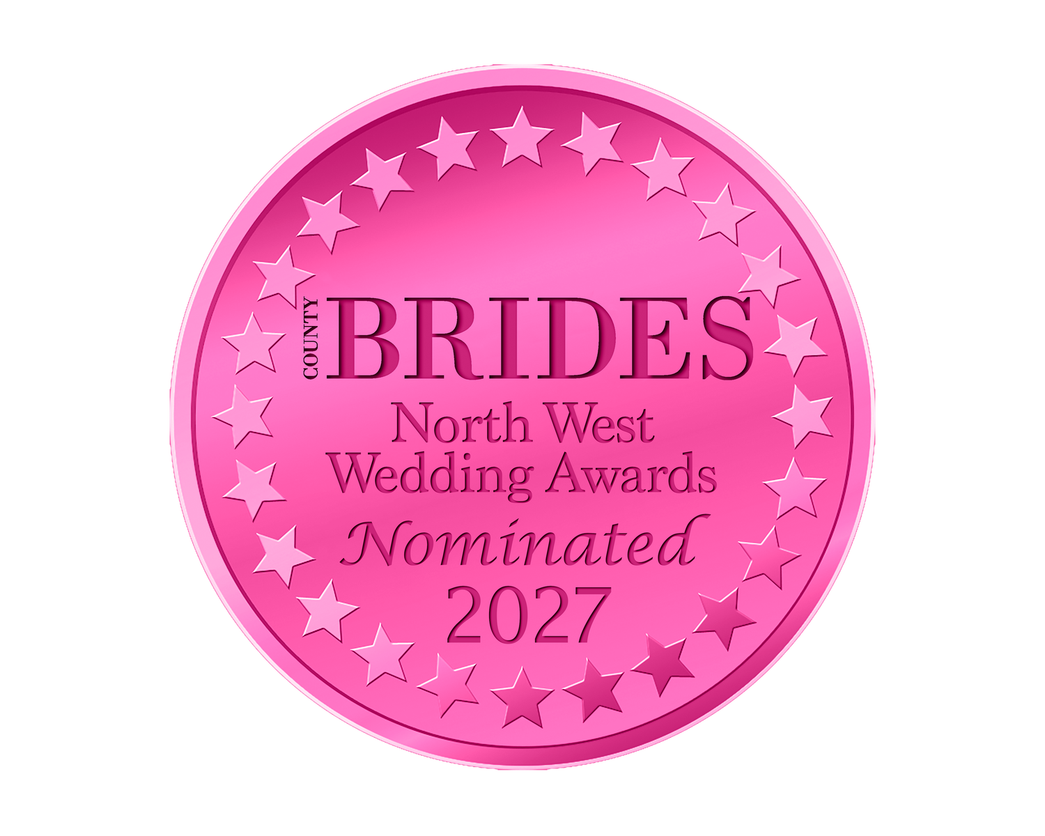 Pink metallic badge for County Brides North West Wedding Awards, Nominated 2027, with star border.