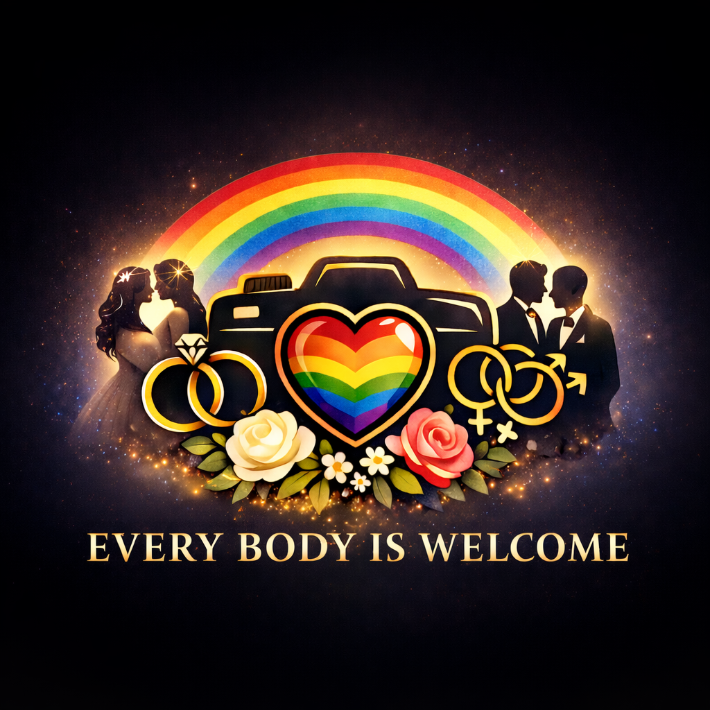 A black camera logo with rainbow heart and silhouettes surrounded by roses and wedding rings against dark background.