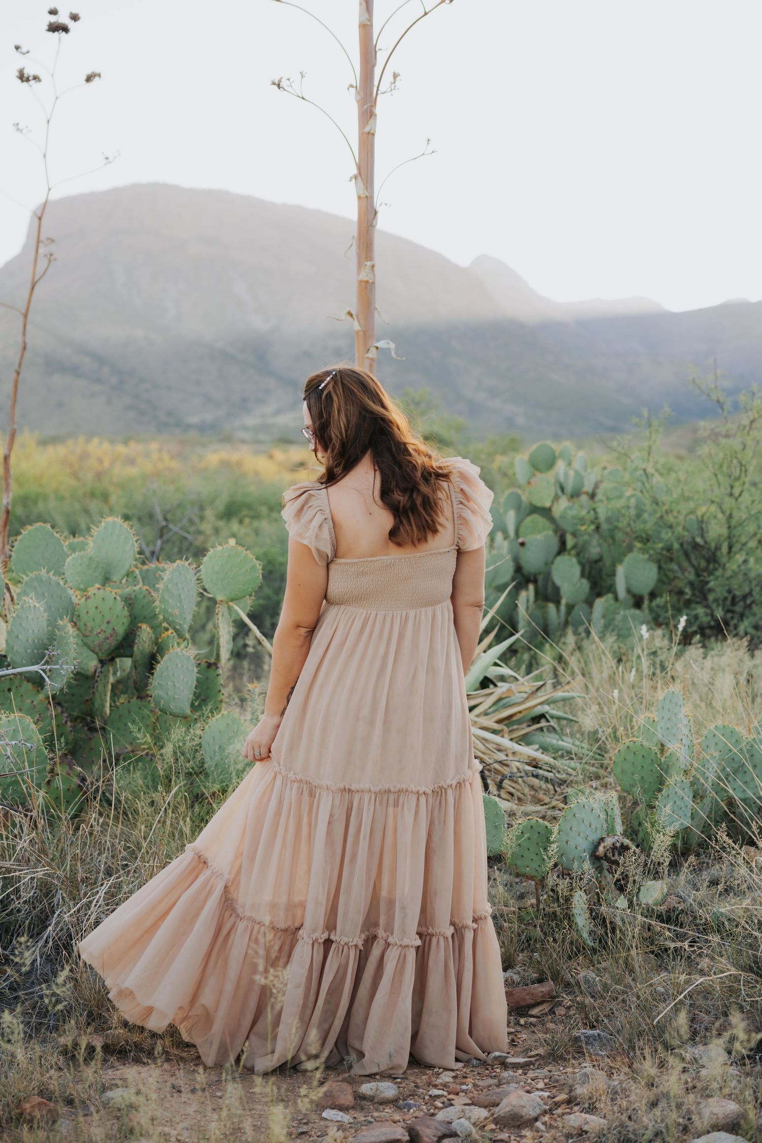 Beige tiered maxi dress photographed from behind against mountain backdrop with desert vegetation.