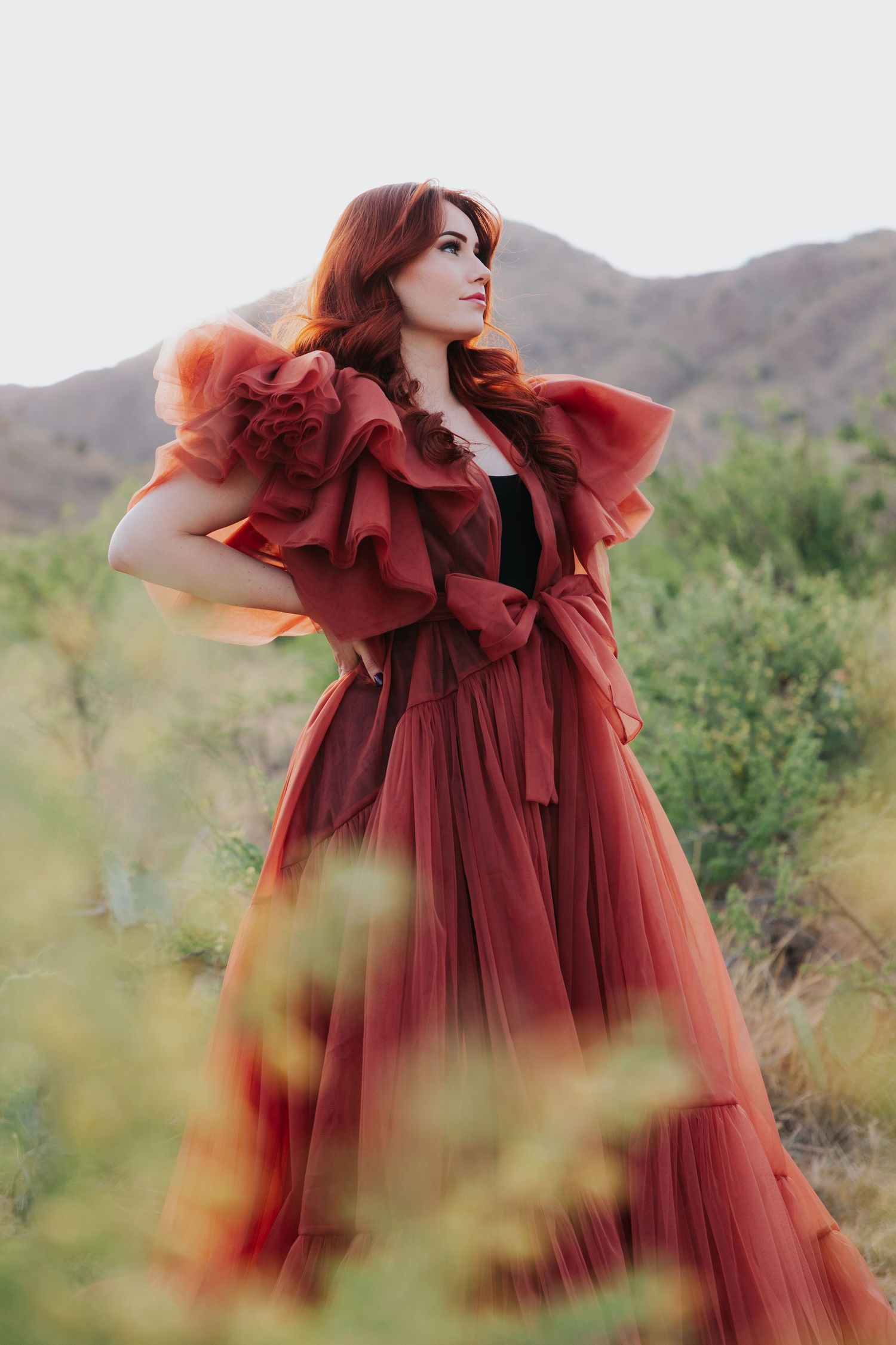 A dramatic portrait of a woman in a ruffled red dress against desert mountains.