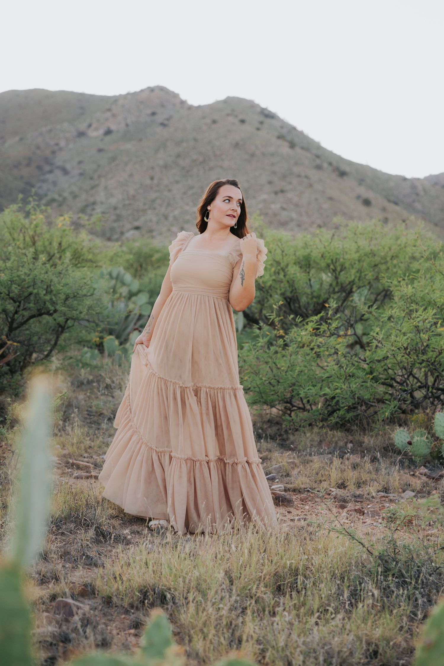 Elegant maxi dress captured in desert setting with mountains and native plants.