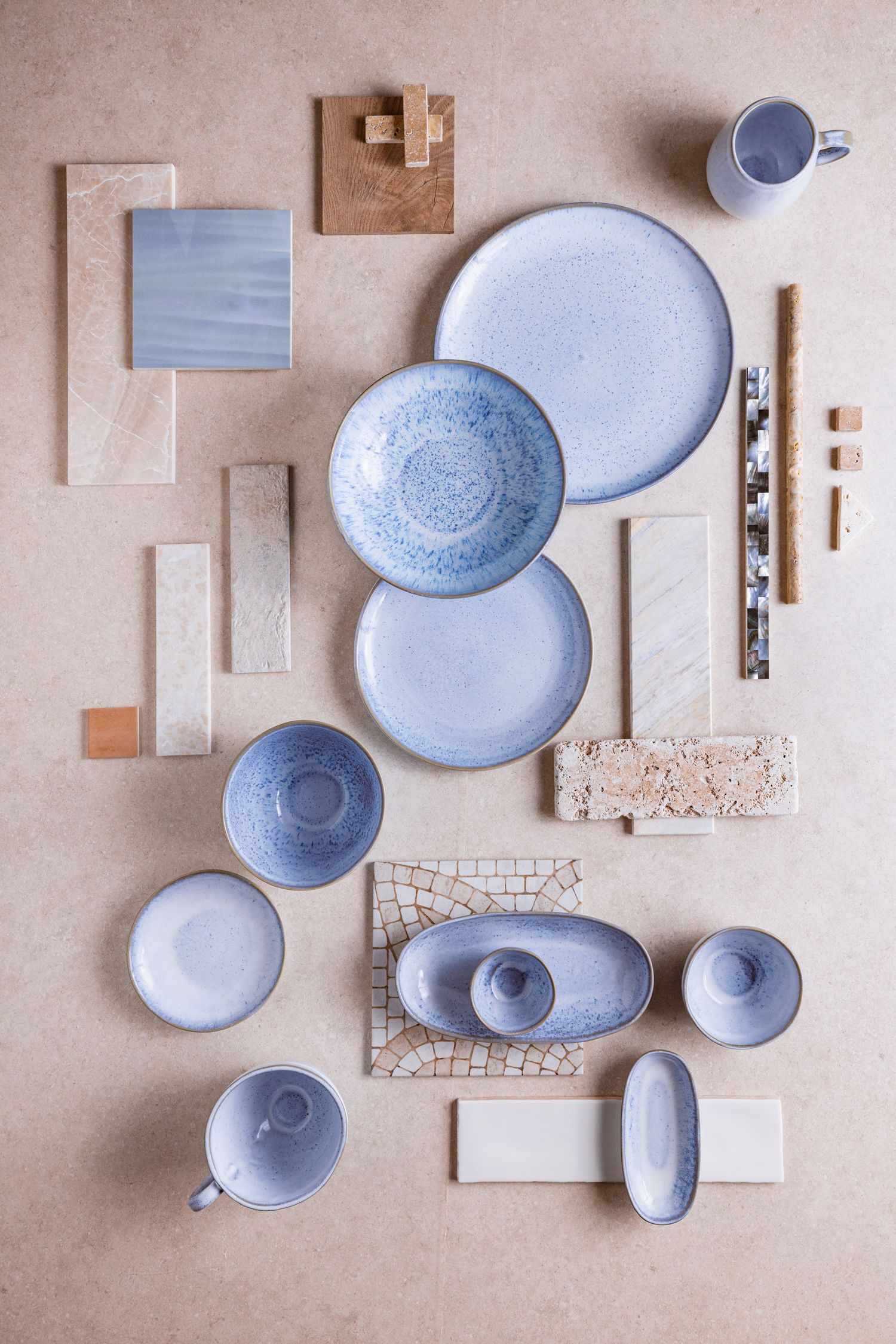 South Florida styled product photography featuring handcrafted ceramic homewares in a refined flat lay composition.