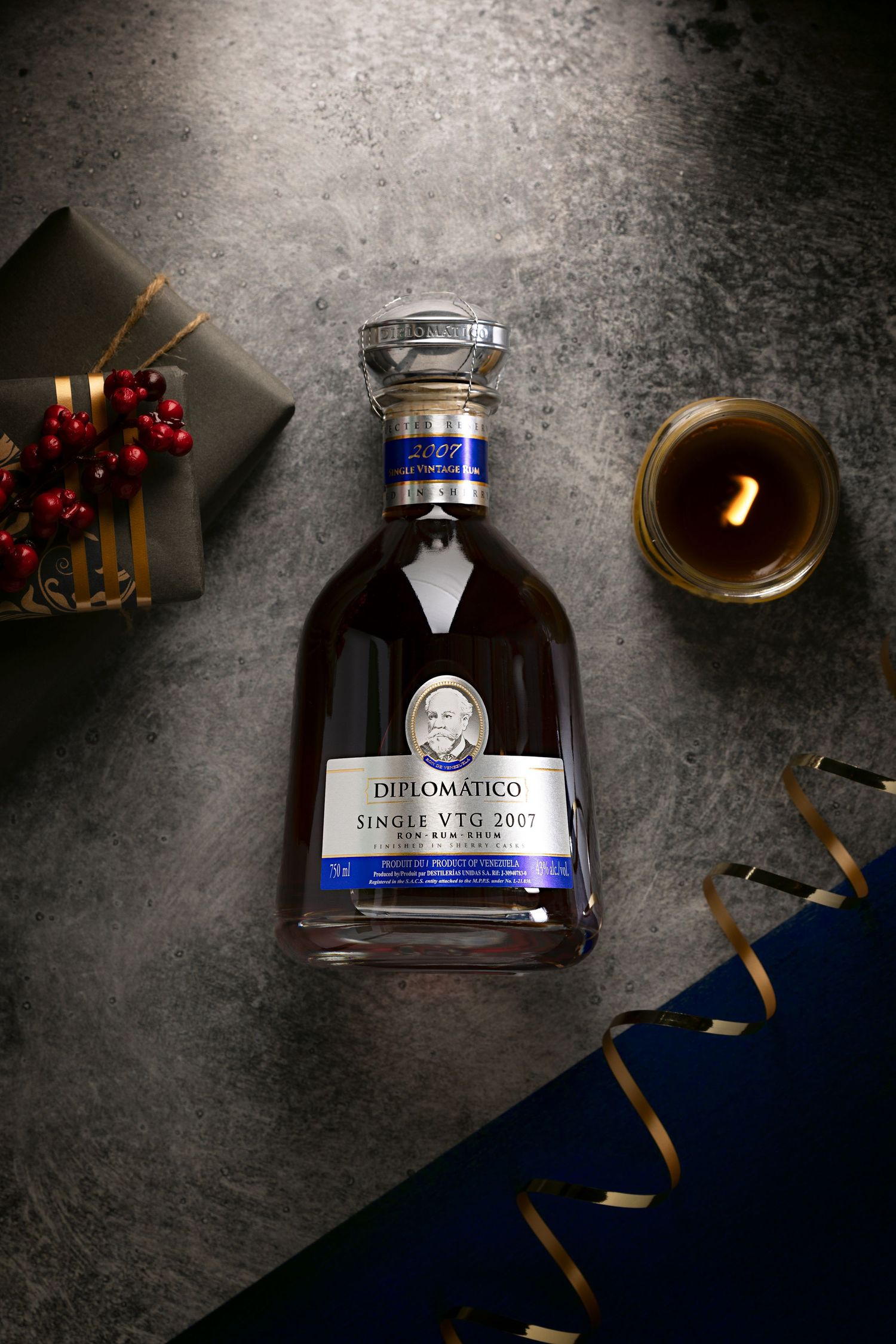 Top down styled product photography for a holiday brand campaign for Diplomatico shot in a photography studio by a commercial photographer