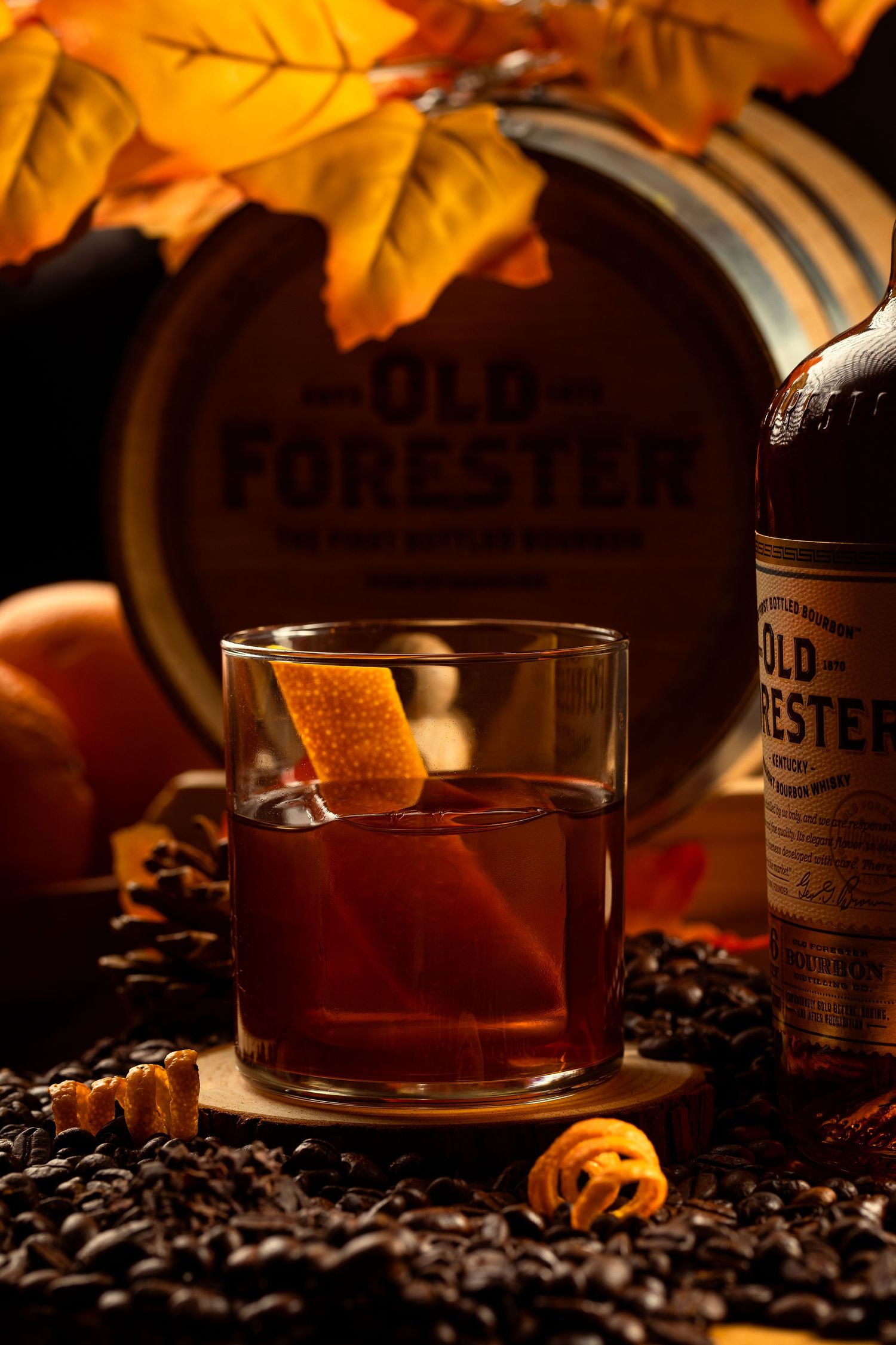 Old Forester old fashioned beverage photography for fall holiday campaign shot in a South Florida photo and video studio