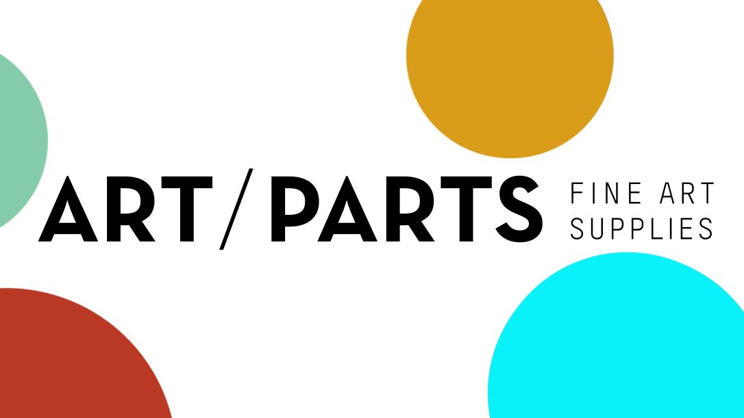 Art Parts Fine Art Supplies Logo, black letters on a white background with coloured circles. Artist supply store based in Albury NSW.