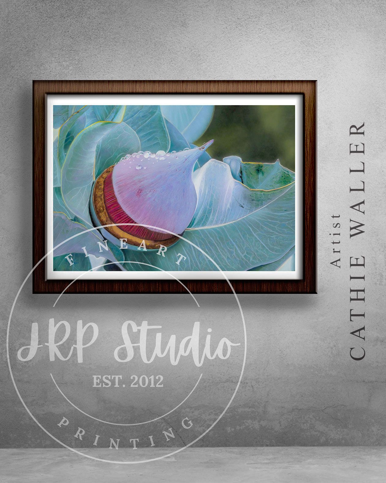 A Botanical artwork by Artist Cathie Waller digitised by JRP Studio hanging in a brown wooden frame on a grey wall.