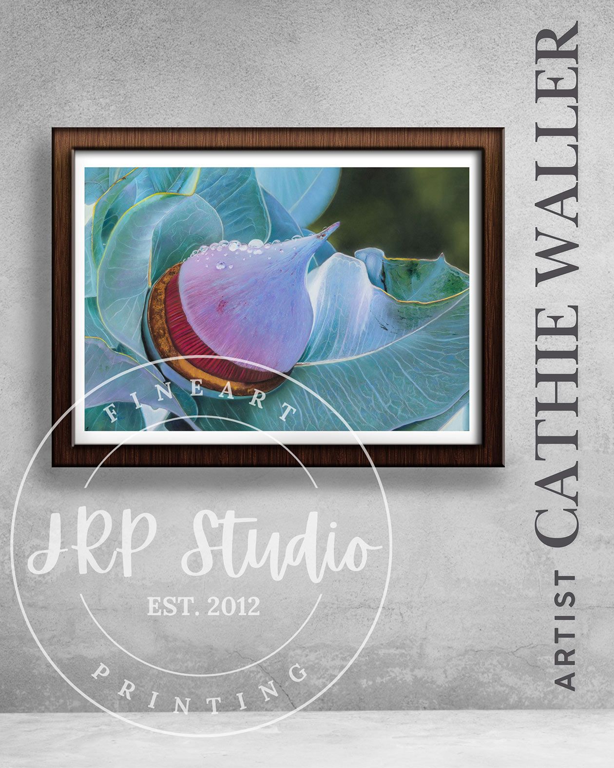 A botanic artwork by Wodonga Artist Cathie Waller custom printed by JRP Studio hanging in a brown wooden frame on a grey wall.