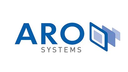 A blue Aro Systems company logo design with a stylized arrow shape in a modern tech aesthetic.