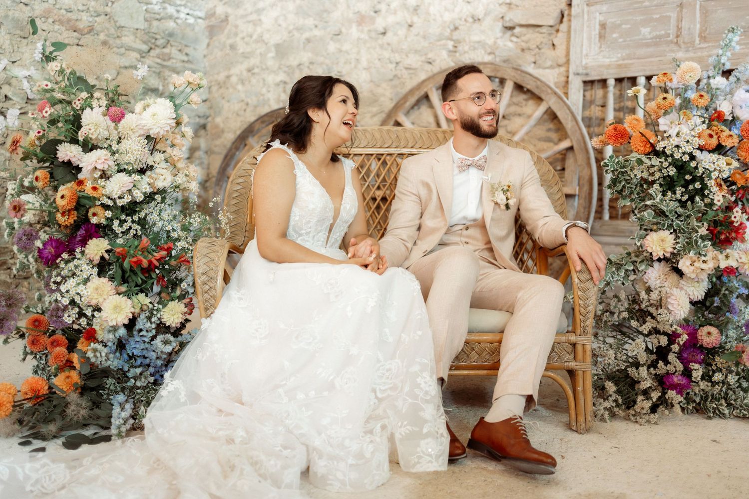 Romantic wedding photo collage featuring couples in elegant poses surrounded by floral arrangements and rustic backdrops.