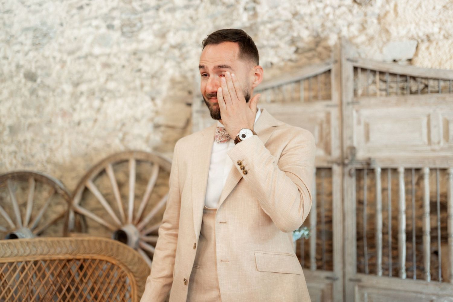 A sequence of photos showing someone playing a harmonica against a rustic stone wall backdrop.