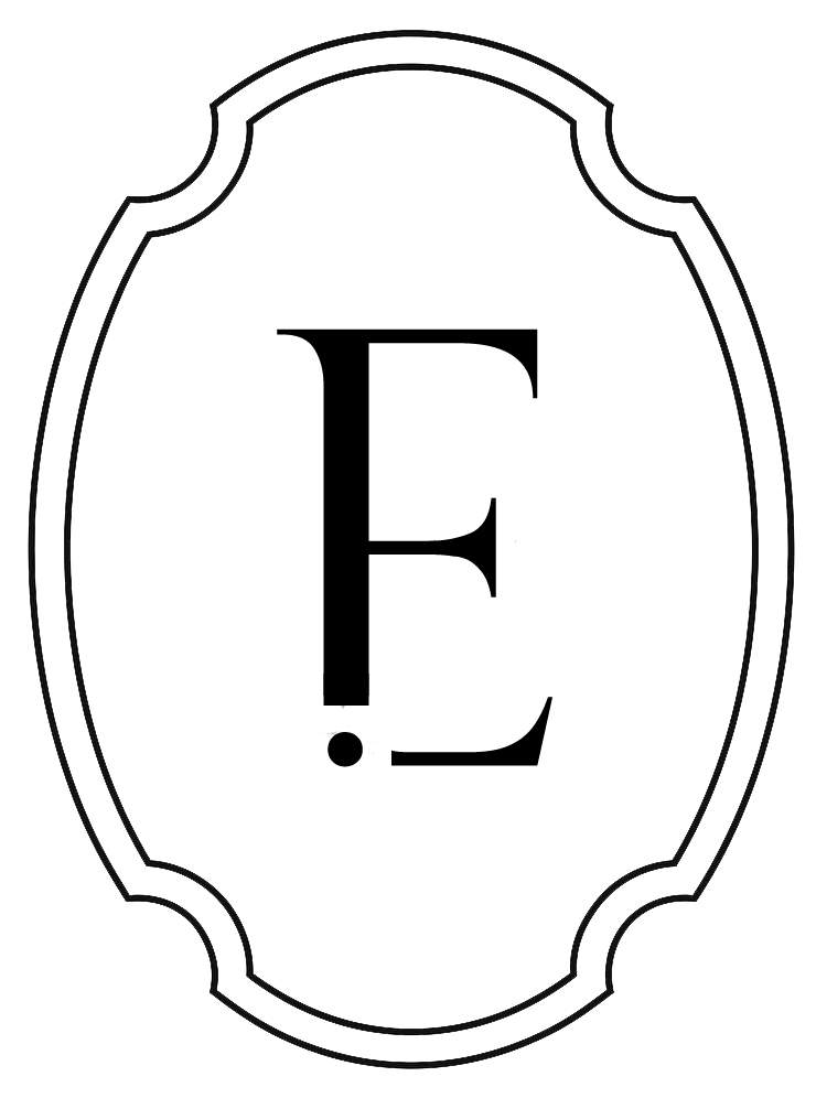 A decorative black letter 'E' centered in an ornate oval frame with curved borders.