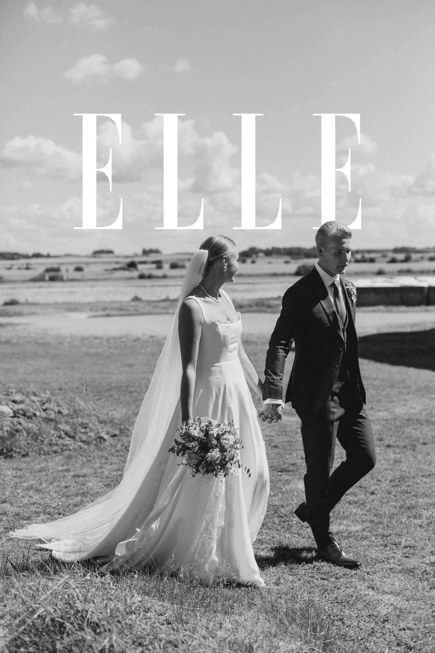 A romantic black and white wedding photo sequence showing a couple walking together in an outdoor field setting.