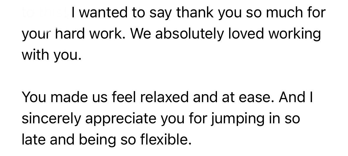 A text message expressing gratitude and appreciation for someone's work, mentioning feeling relaxed and at ease.
