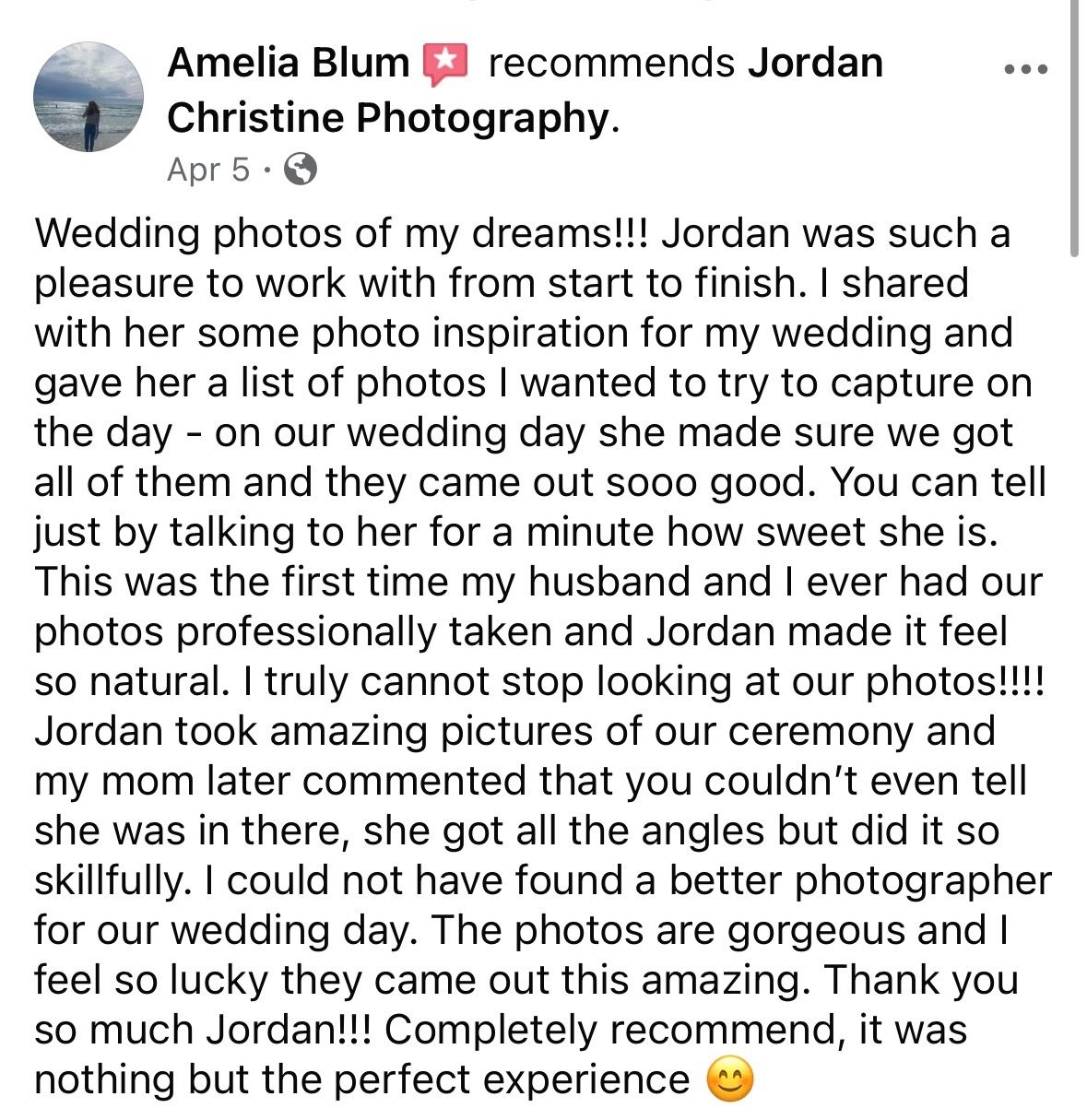 Client testimonial reviews for a wedding photographer showing enthusiastic feedback on screenshots.