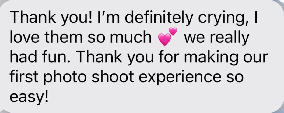 Text message testimonial from a client expressing gratitude for a positive first photo shoot experience.