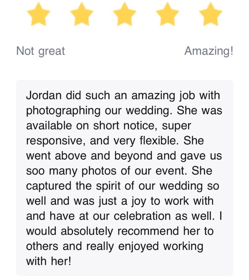 A 5-star review praising a wedding photographer's professionalism and quality of work.