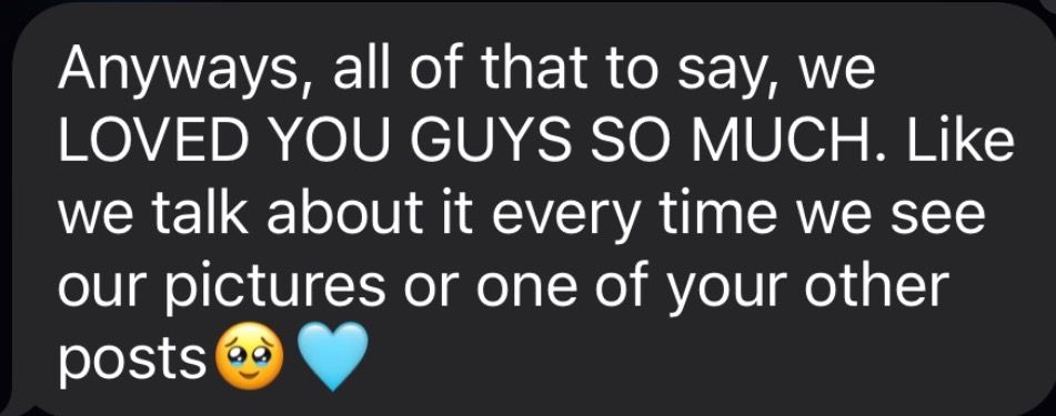 Screenshot of a customer message expressing love and appreciation for photography services.
