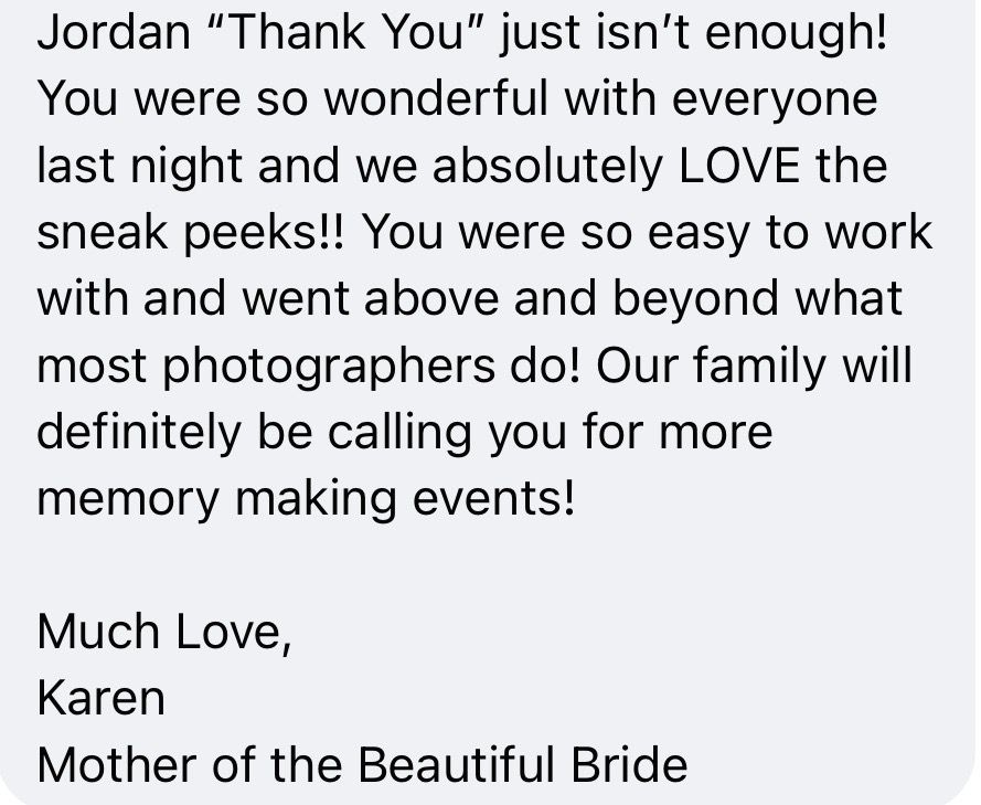 A thank you message from a mother of the bride praising the wedding photographer's work.