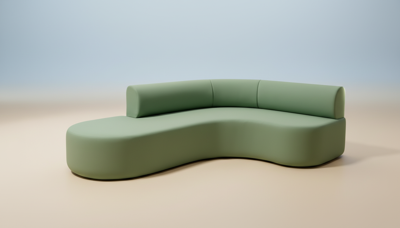 Curved sage green sectional sofa with smooth upholstery and modern organic silhouette on neutral background.