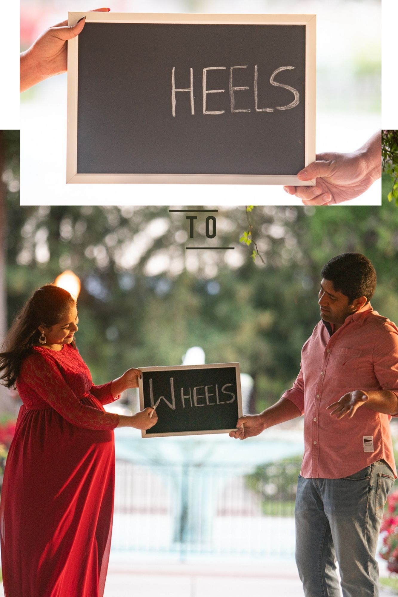 Pose idea for pregnancy gender announcement on chalk board with fun message in San Jose rose garden announcing their baby boy arrival