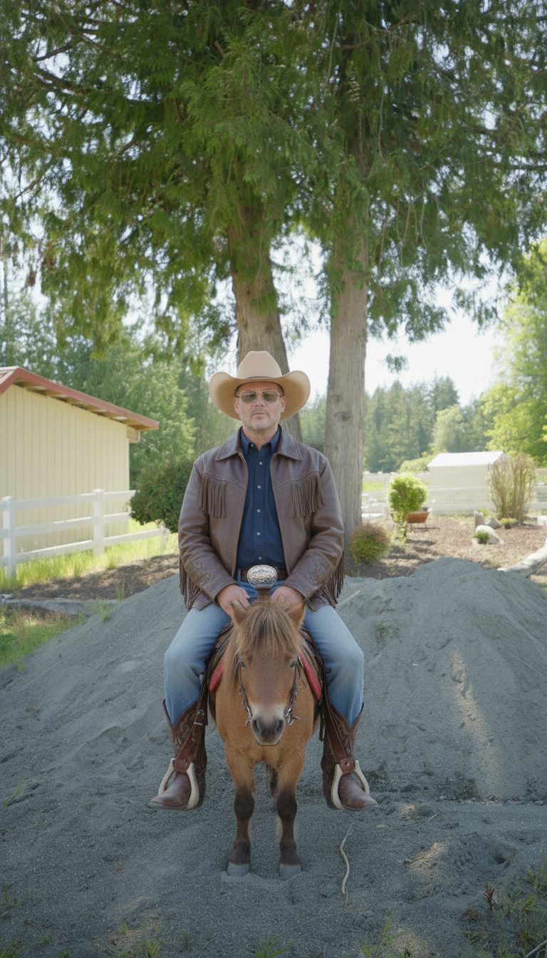 A cowboy in a hat and leather jacket rides a small brown horse on a rural property with trees and a fence.