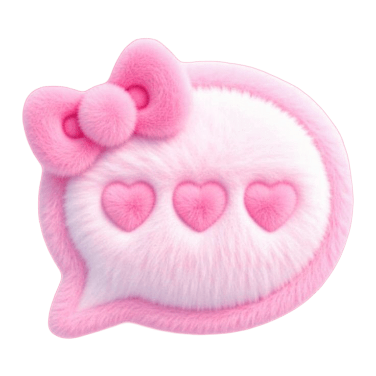 Fluffy pink Hello Kitty speech bubble with bow and three heart-shaped buttons, cute kawaii plush style design.