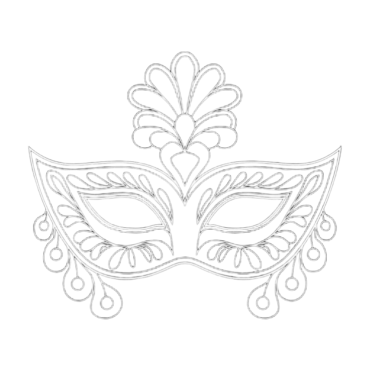 Decorative ornate masquerade carnival mask outline with floral crown and dangling beads illustration.