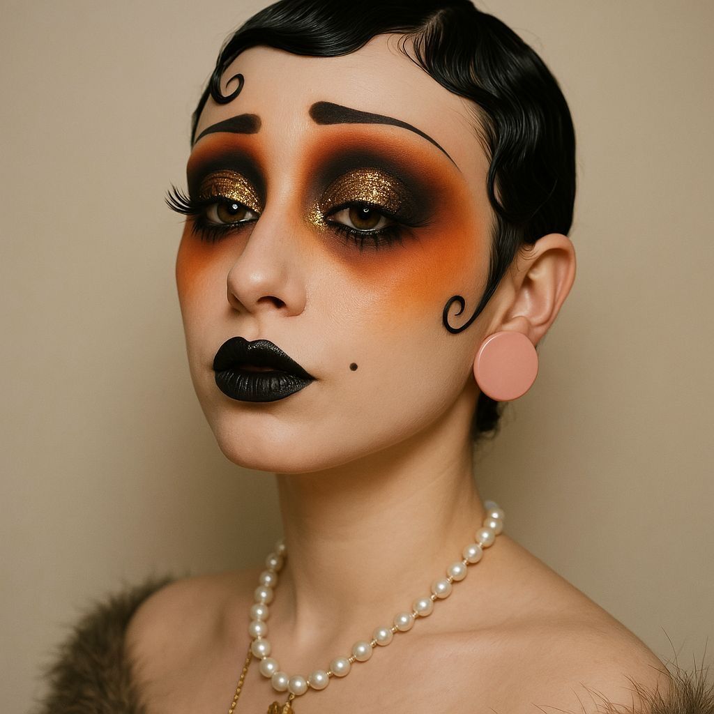 Model with 1920s-inspired makeup featuring gold glitter eyeshadow, black lips, and pearl necklace.