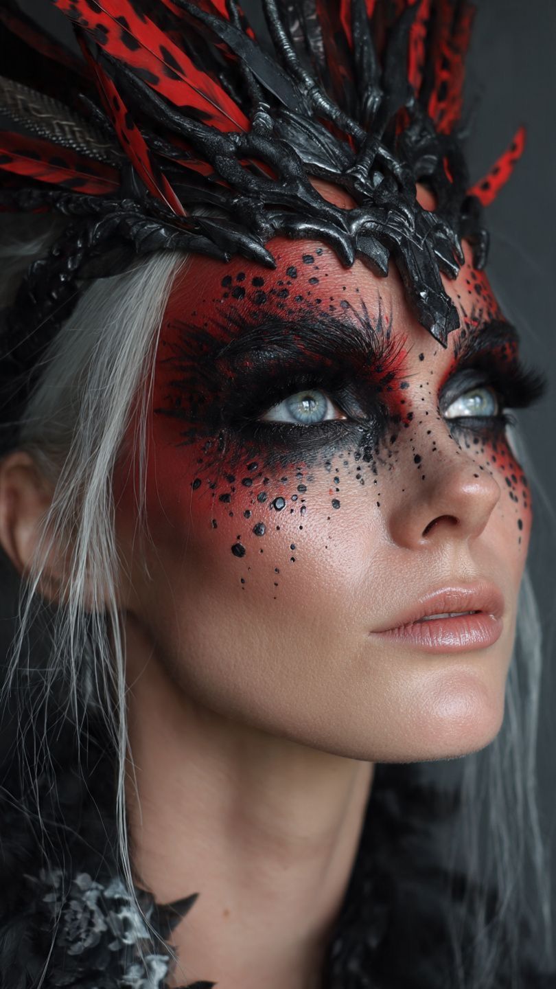 Woman with dramatic red and black fantasy makeup and dark dragon headpiece with silver hair.