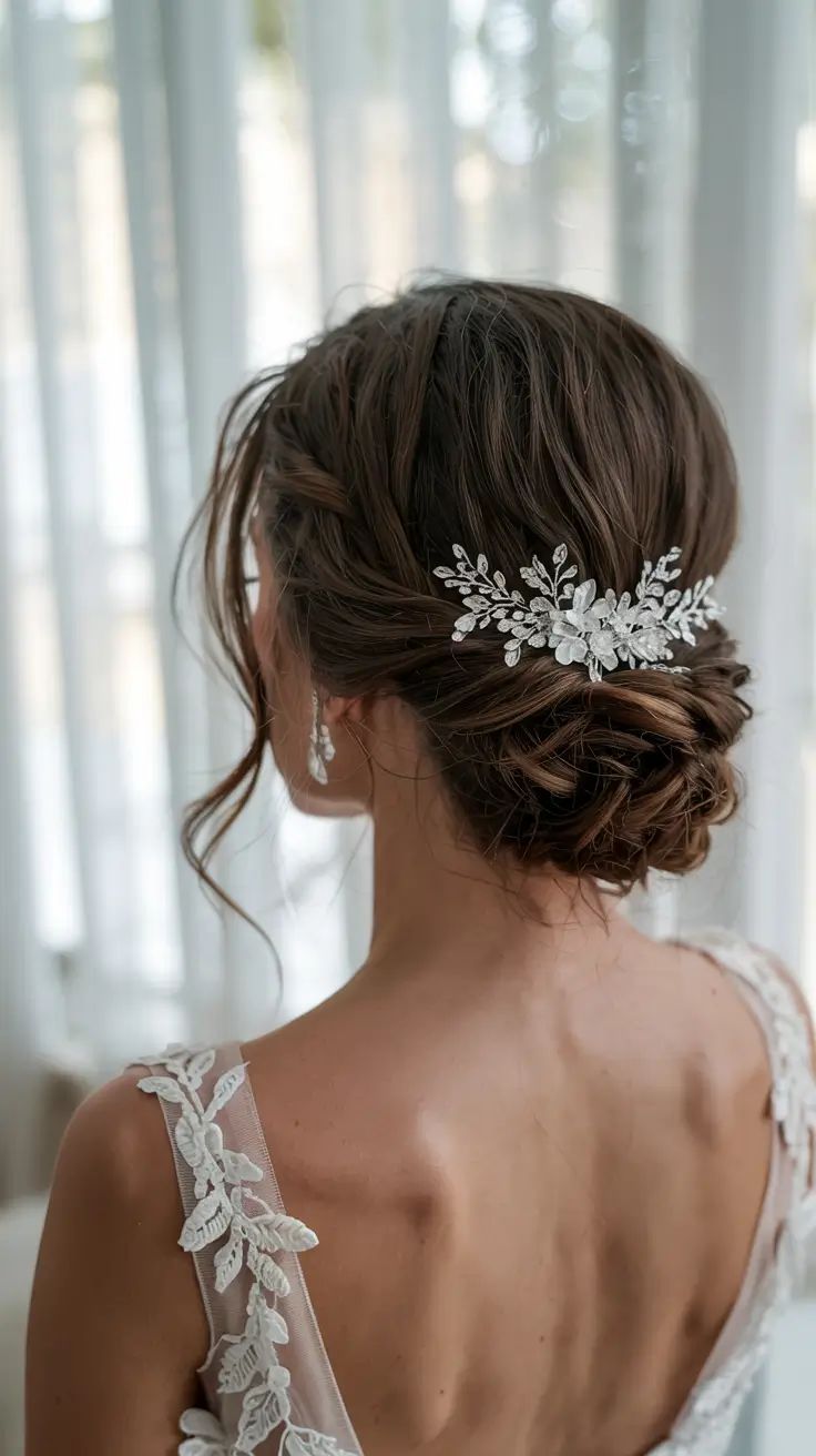 Bride with elegant updo hairstyle adorned with a floral crystal hair comb.