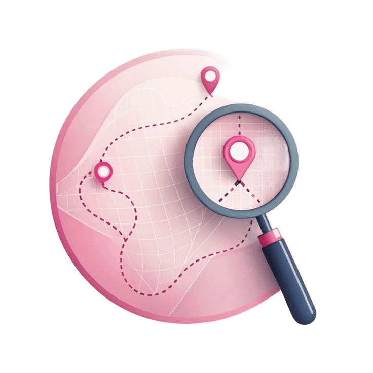 Pink globe with location pins connected by dashed route lines and a magnifying glass, travel search concept illustration.