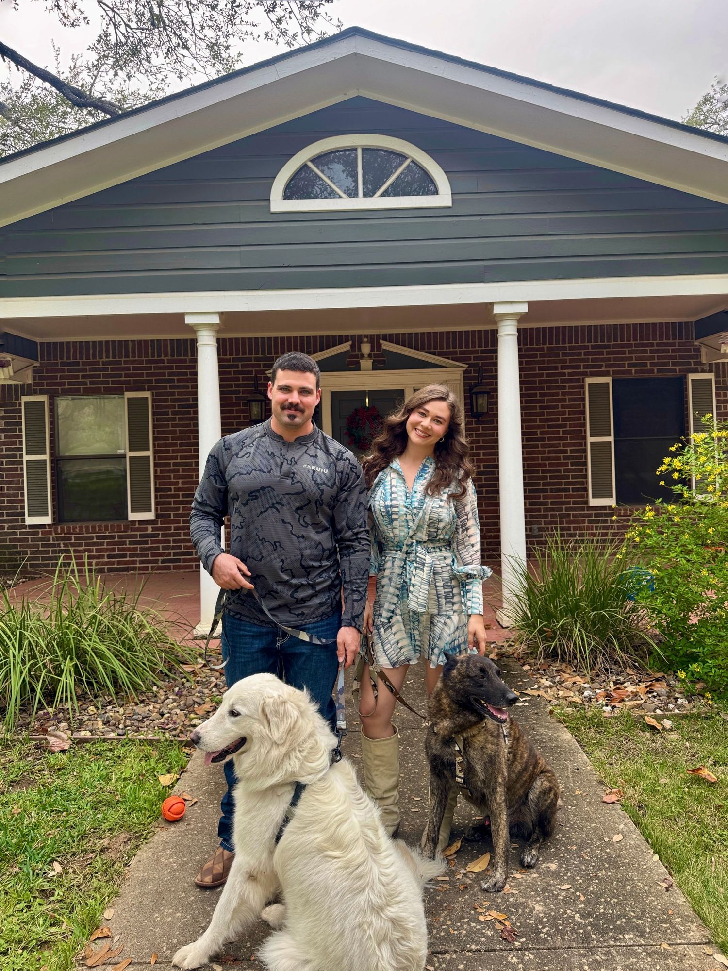A series of five photos showing a brick house exterior with people and dogs standing on the front walkway.