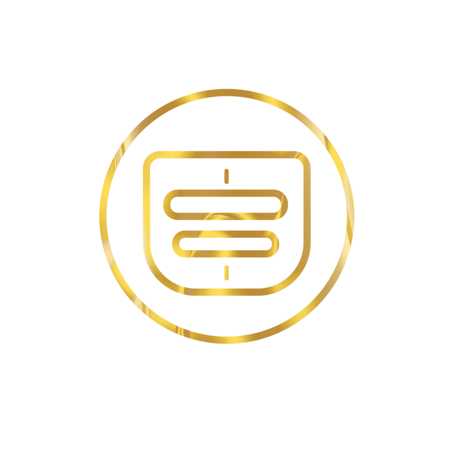 Gold circular icon featuring a stylized chat or messaging symbol with horizontal lines on white background.