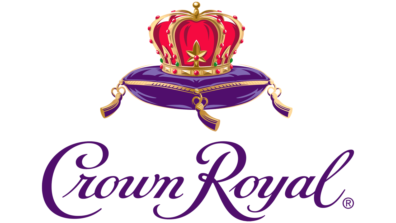 Crown Royal Canadian whisky logo featuring a purple cushion with gold tassels, red and gold crown, and elegant script lettering.