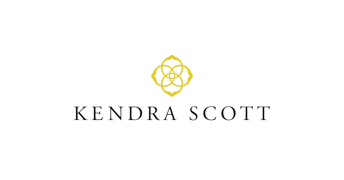 Kendra Scott brand logo featuring a gold floral emblem above elegant serif text on a white background.