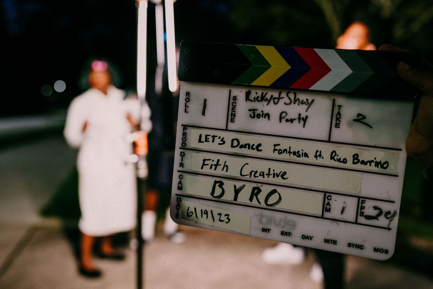 A film clapperboard for BYRO production shows Let's Dance Fantasia music video details.