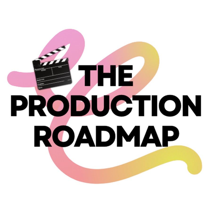 Logo for The Production Roadmap featuring a clapperboard and colorful pink and yellow swirl design.
