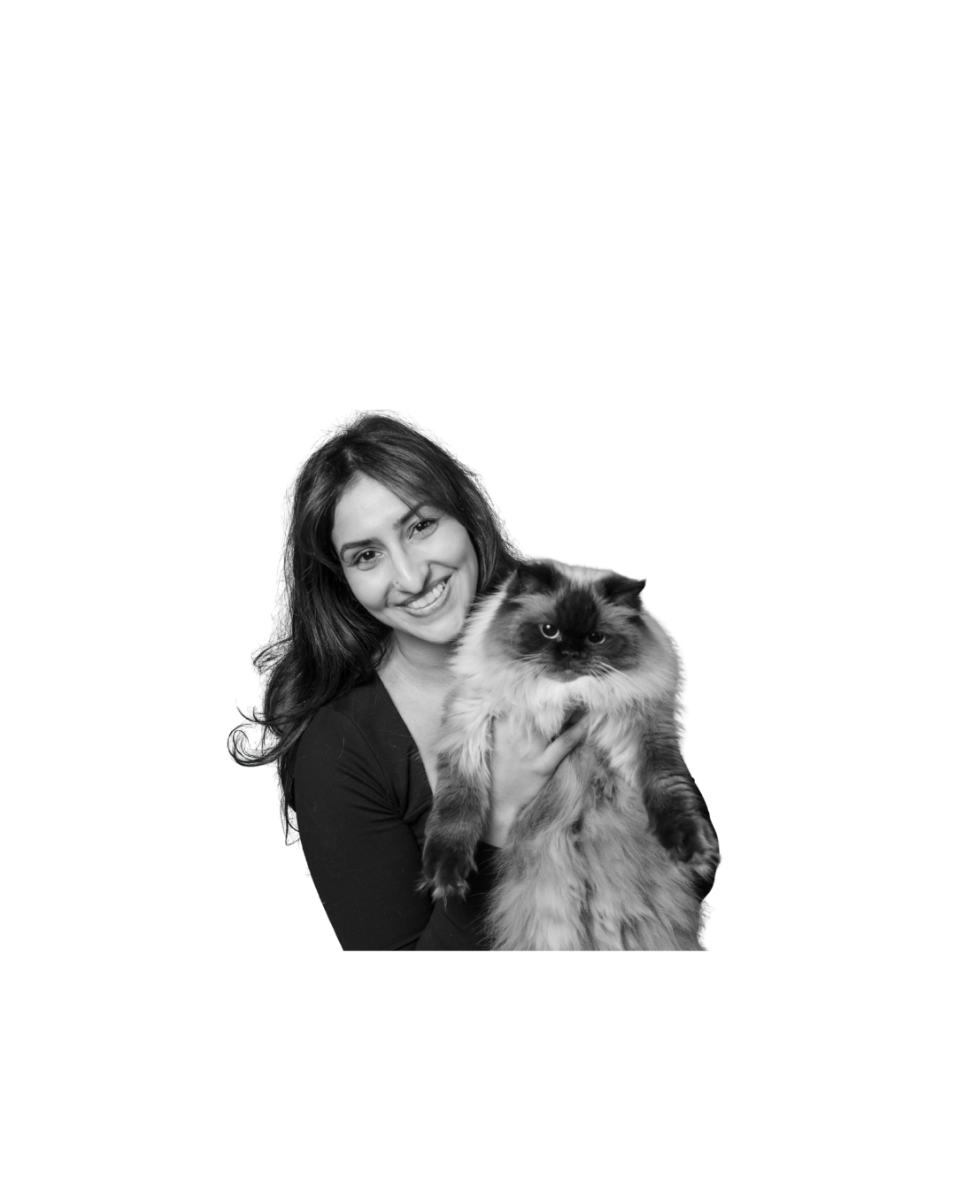 A black and white portrait showing someone holding a fluffy Himalayan cat with dark points against a white background.
