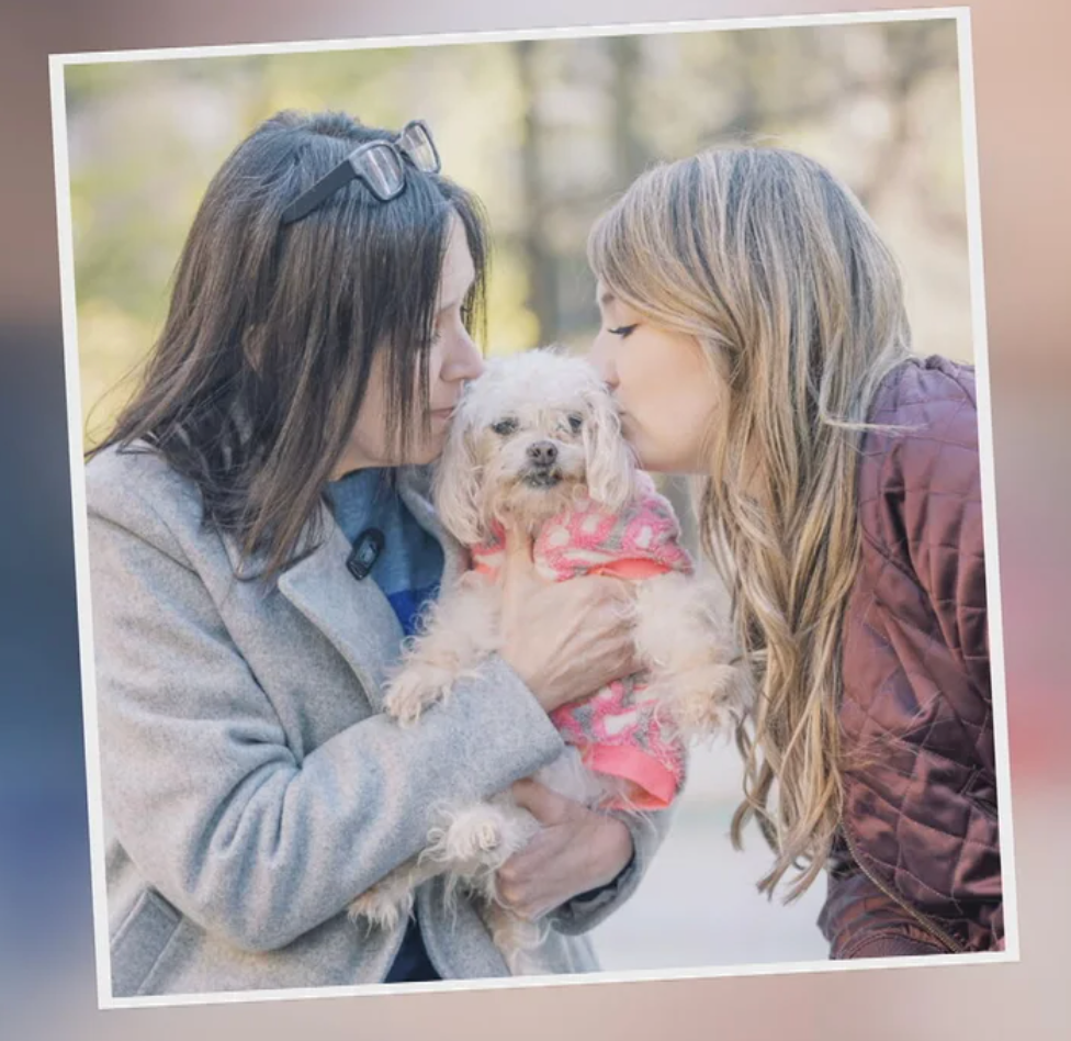 Two people share a tender moment with a small white dog in a series of connected photos.