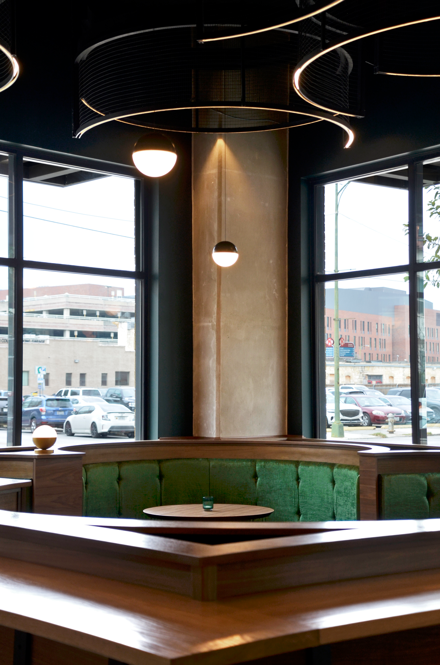 Coffee shop interior at Kafe Krave in downtown San Antonio featuring warm lighting and modern design