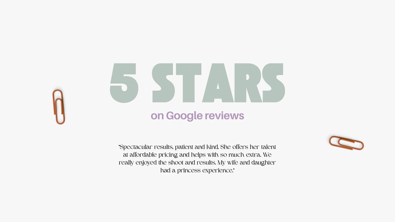 5 Stars on Google reviews testimonial graphic with gold paperclip accents on light background.