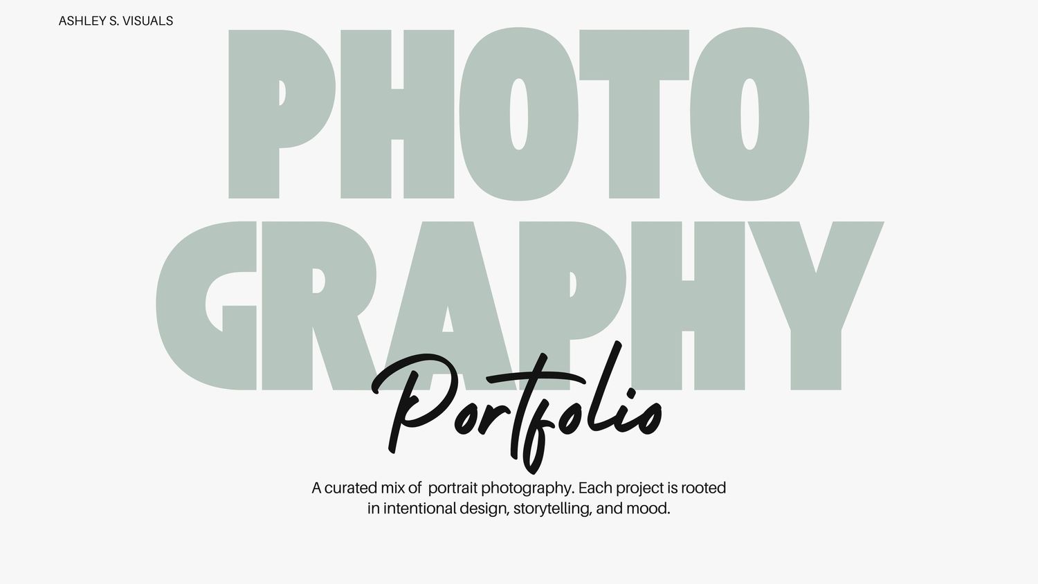 Professional photography portfolio cover slide featuring large sage green typography on a minimal background.