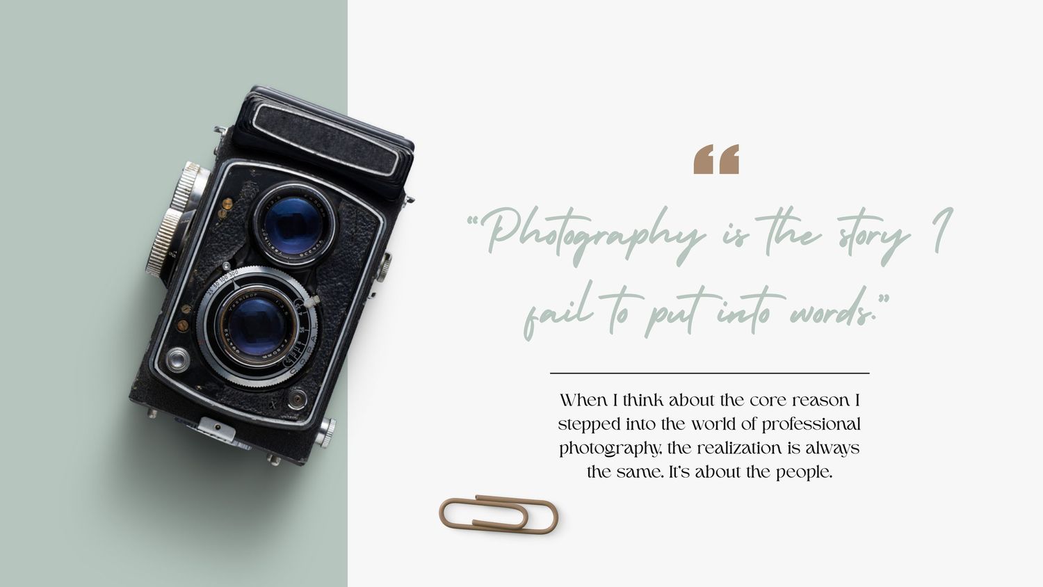 Classic twin-lens reflex camera with inspirational photography quote on a clean mint backdrop.