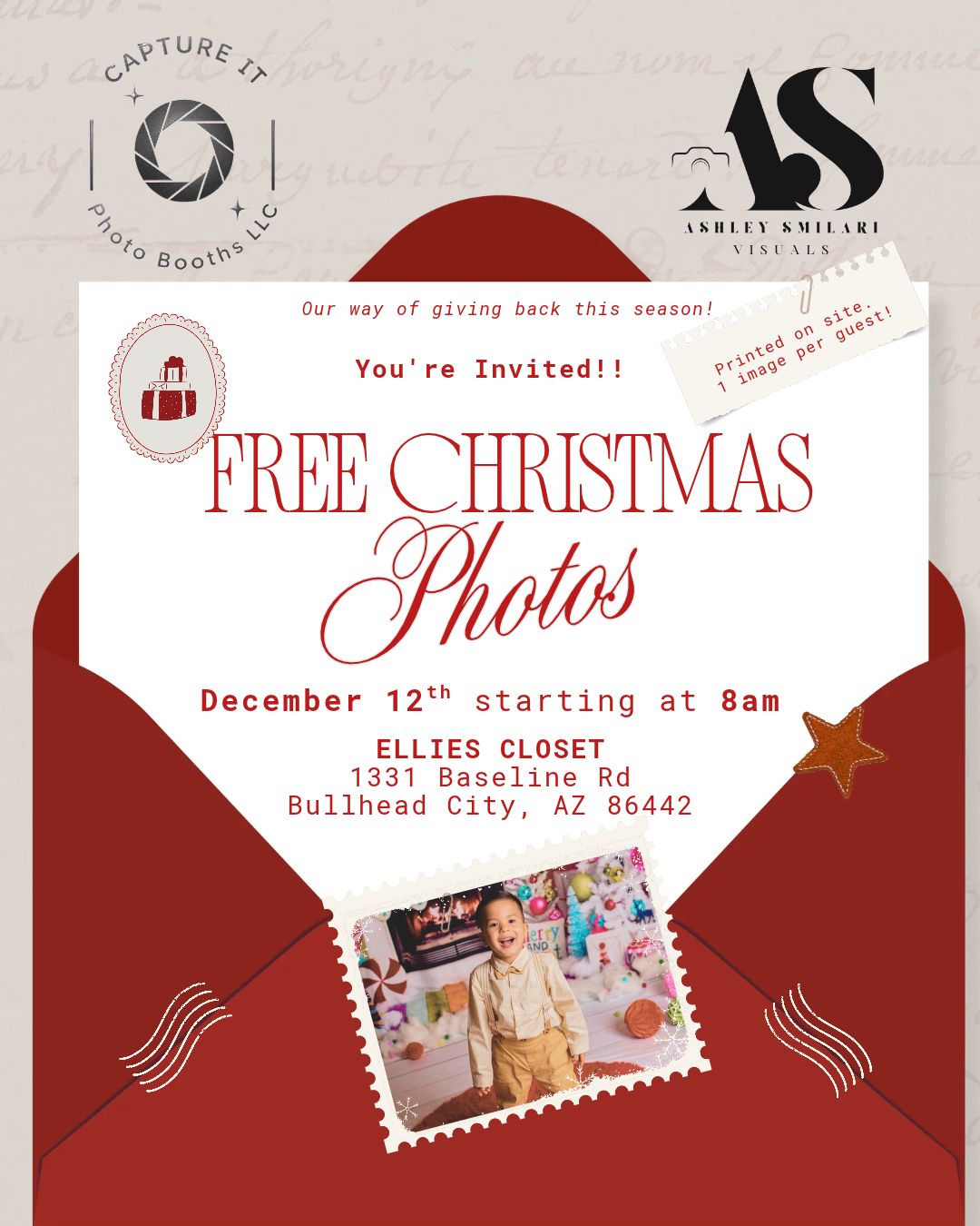 Free Christmas Photos event flyer for December 12th at 8am at Ellies Closet in Bullhead City, AZ 86442.
